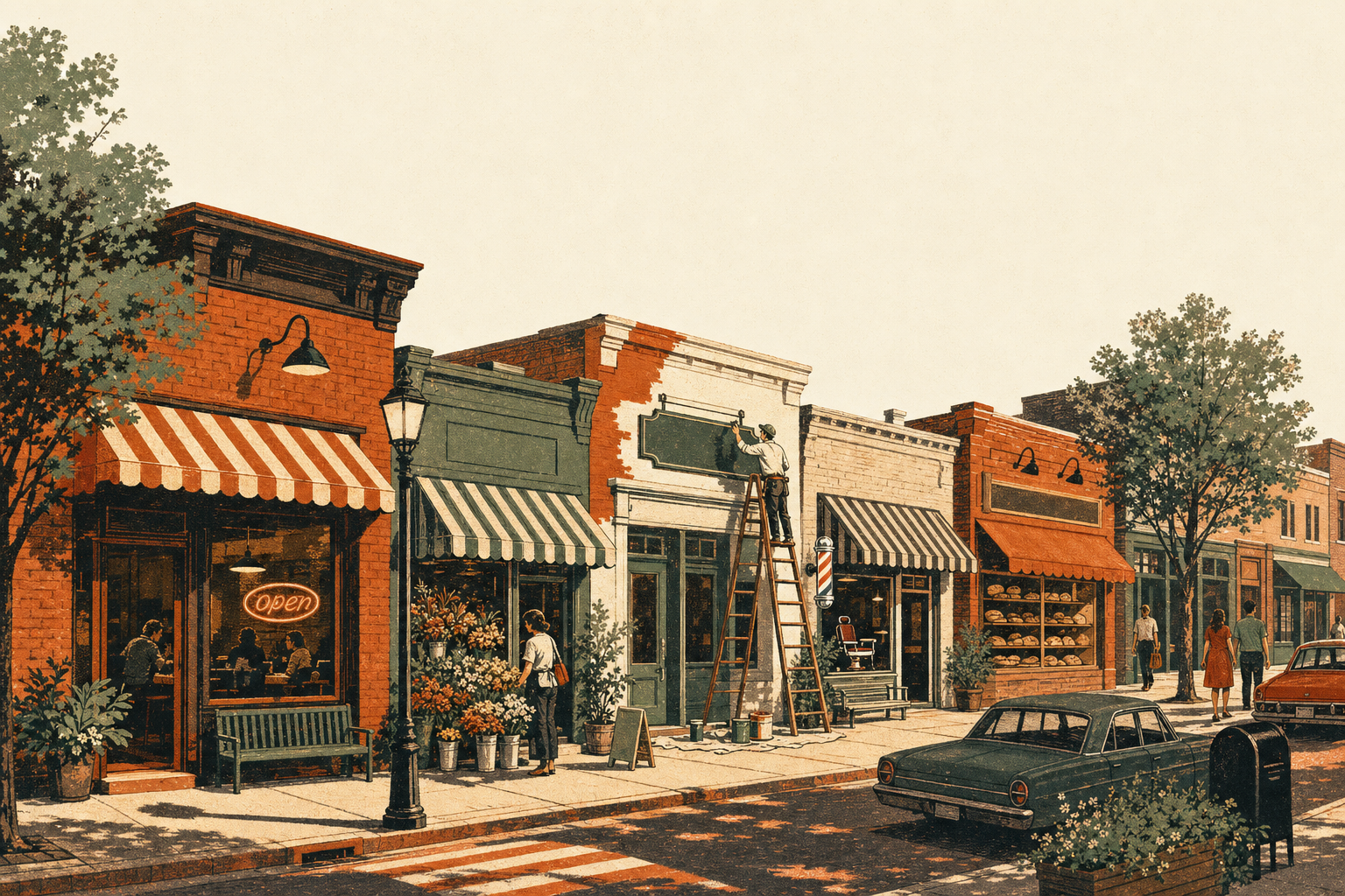 A Main Street of small storefronts, one being freshly repainted by a craftsperson on a ladder
